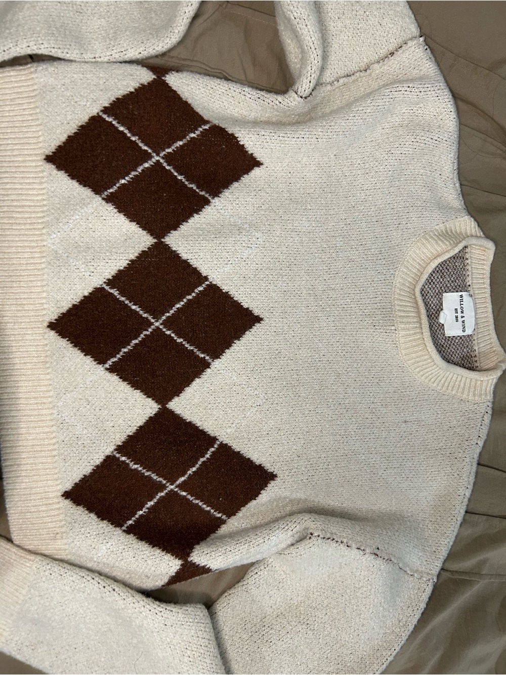 Cozy Cream Beige Knit Sweater With Brown Triangle Patterns | Fall, Winter